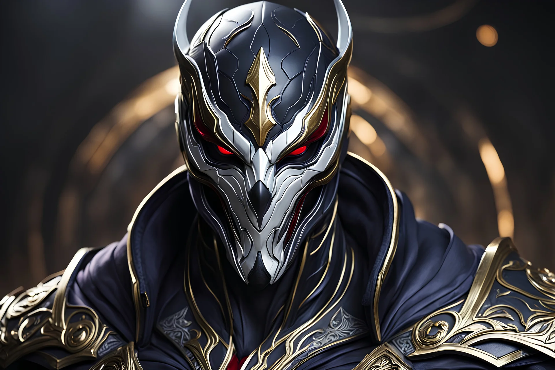 Jhin venom in 8k live action artstyle, bloody moon mask, close picture, intricate details, highly detailed, high details, detailed portrait, masterpiece,ultra detailed, ultra quality