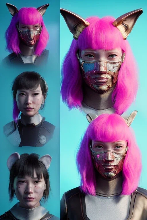 MCU Portrait, Front image. cyberpunk Asian sweet woman, pink short hair. Ceramic rabbit mask, latex suit. Red, black, gold, color. Punk style. highly detailed, concept art, smooth, unreal engine 5, god rays, ray tracing, RTX, lumen lighting, ultra detail, volumetric lighting, 3d, finely drawn, high definition, high resolution.