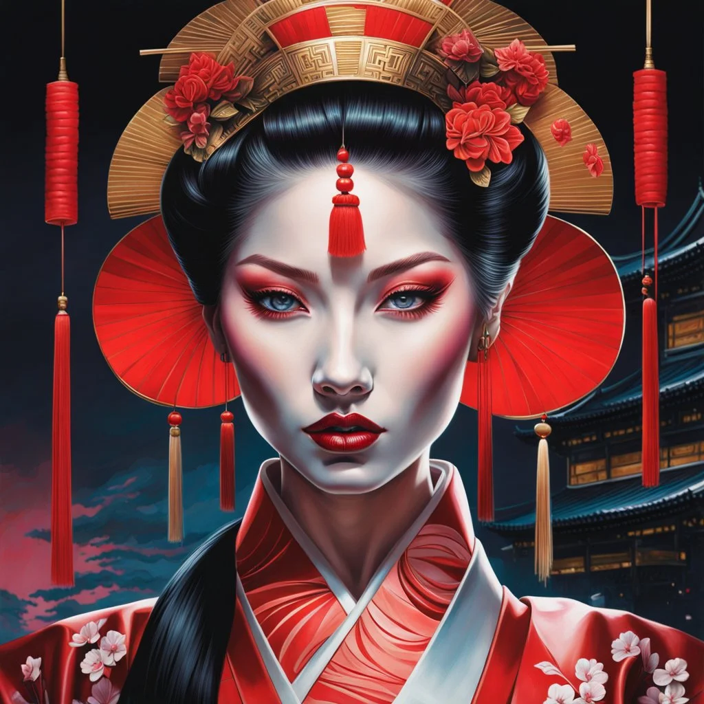 Face art Geisha Alexandra "Sasha" Aleksejevna Luss fantasy bombshells oilpaiting by Greg Rutkowski, Artgerm style Once upon a night time Tokyo city