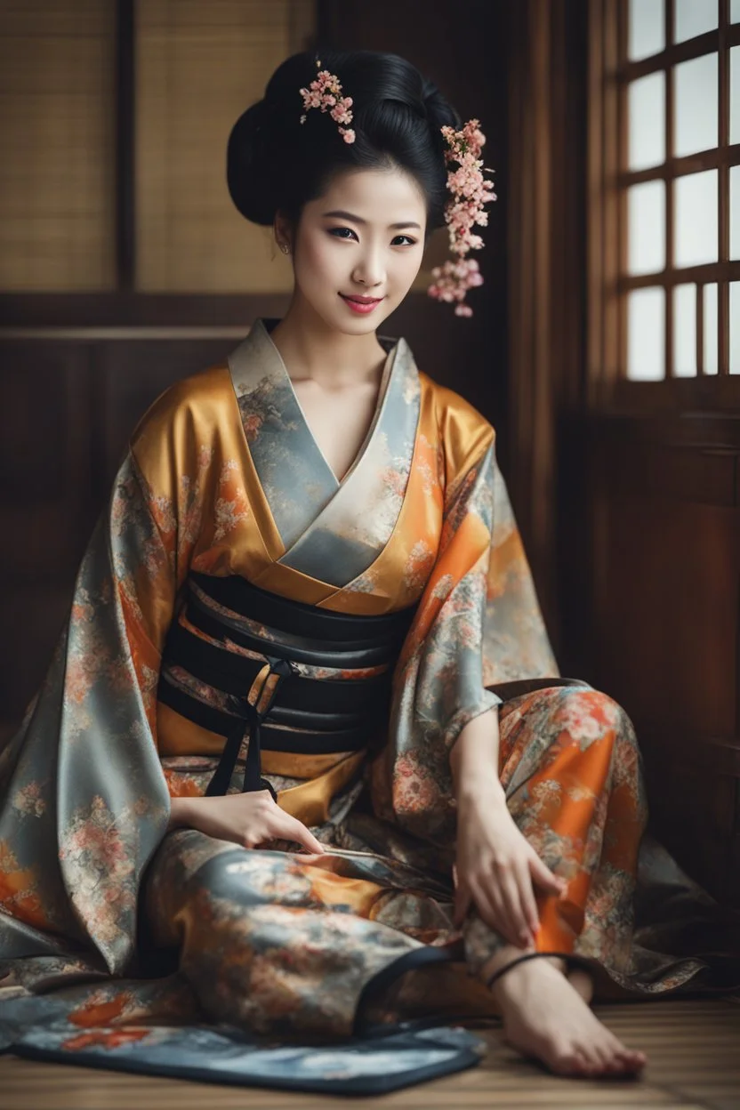 Ultra realistic photo beautiful geisha woman beauty ,one person young adult beautiful woman, sitting, clothing, women adult ,fashion dress, young women, beautiful people, indoors, full length hairstyle , ,smiling ,window looking ,sitting on floor contemplation ,floral pattern , futuristic style, HOF, captured with professional DSLR camera, 64k, ultra detailed,