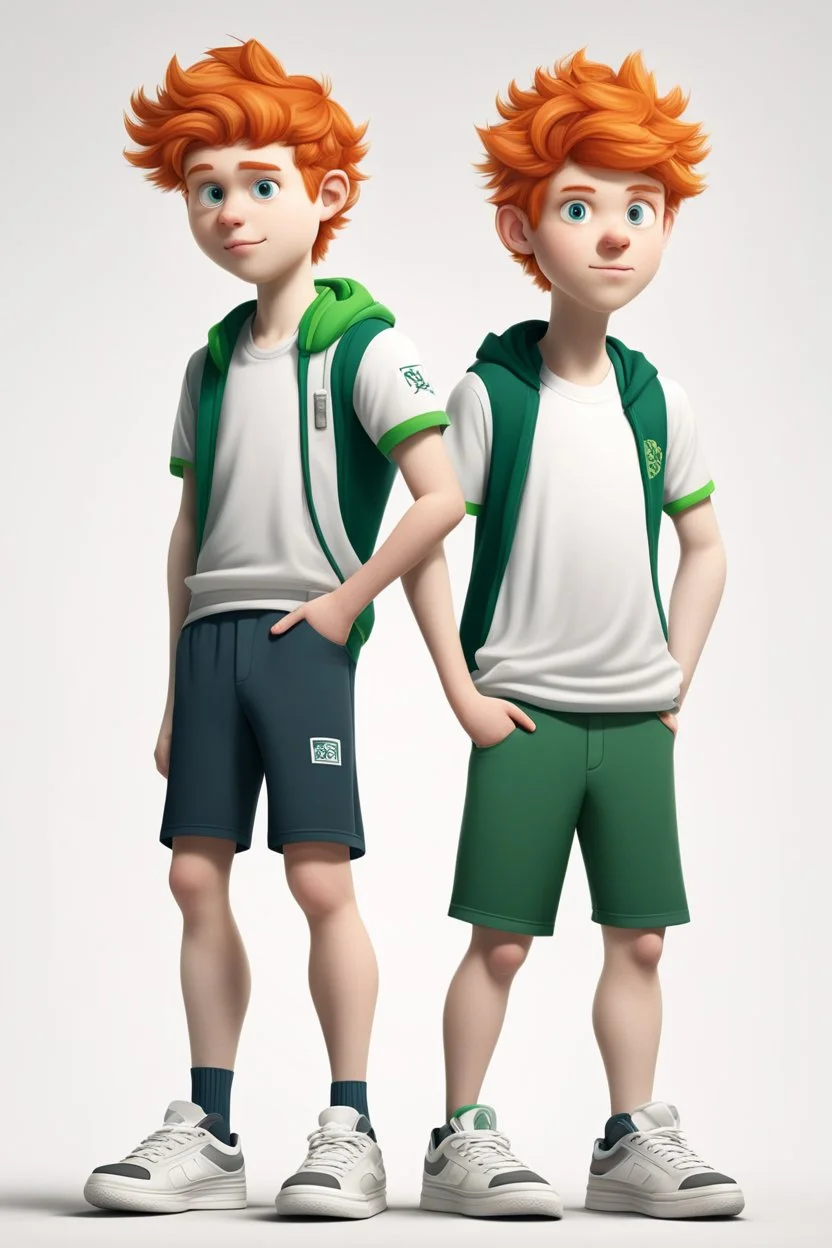 cartoon style, two teenage brothers, ginger hairs, one is slim, second chubby and lower, typical teenagers, white faces, green eyes, sport shoes, characteristic standing pose for book cover, white background