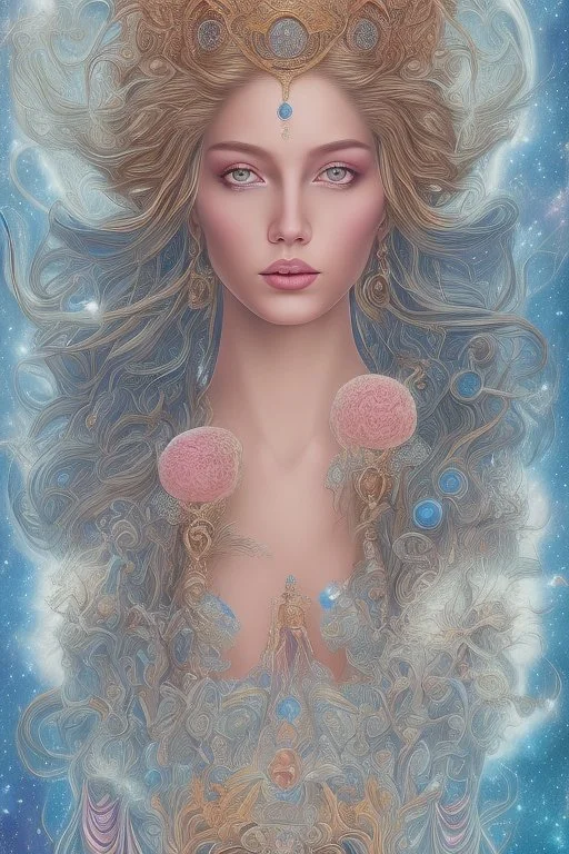 Create an image of a cosmic Goddess. The goddess should be depicted as a beautiful and powerful figure, surrounded by cosmic stars. Her hair should be long, blond and flowing, and she should be dressed in a flowing gown blue celestial robe. In the background, include imagery of pink flowers, blue sky,trees. The image should evoke a sense of joy, celebration, and spiritual connection to nature.