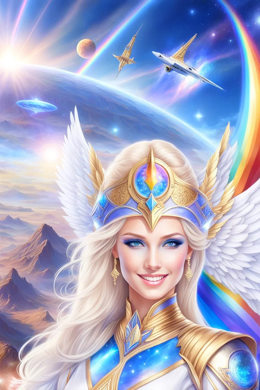 cosmic woman angels smile,admiral high commander from the future, one fine whole face, crystalline skin, expressive blue eyes,rainbow, smiling lips, very nice smile, costume rainbow pleiadian, Beautiful tall woman pleiadian Galactic commander, ship, perfect datailed golden galactic suit, high rank, long blond hair, hand whit five perfect detailed finger, amazing big blue eyes, smilling mouth, high drfinition lips, cosmic happiness, bright colors rainbow, blue, pink, gold, jewels, realist,8k