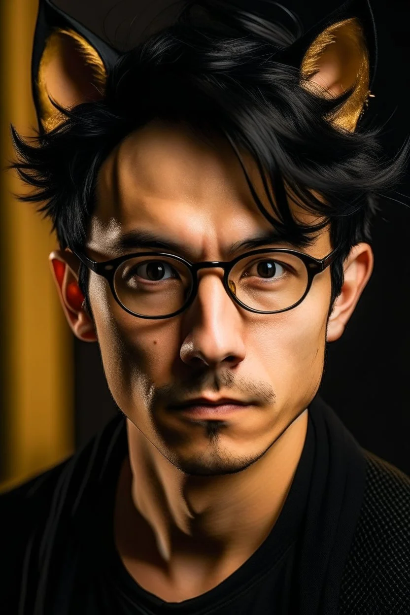 A handsome adult man with messy black hair and black cat ears, golden eyes, glasses.