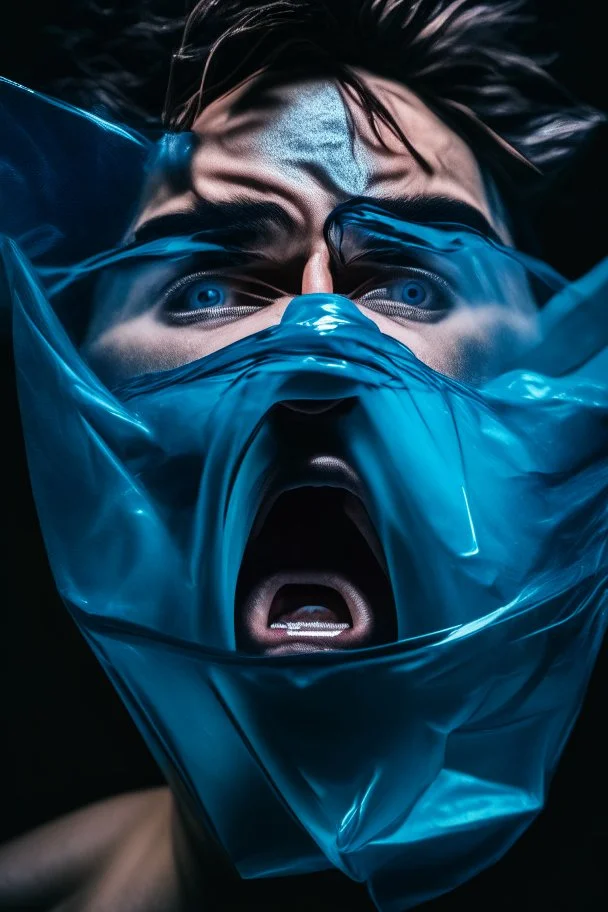 a dramatic 8k image of a person with a plastic covering the face, struggling to breath and trying to break free as it s tighly pulling over the face, chaos80