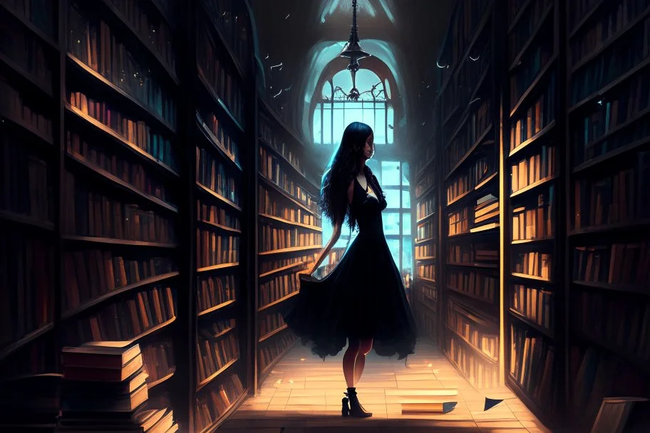 full-height shot of a woman in a tight black dress, inside a large magic book shop, shelving, lights, books, bottles, windows