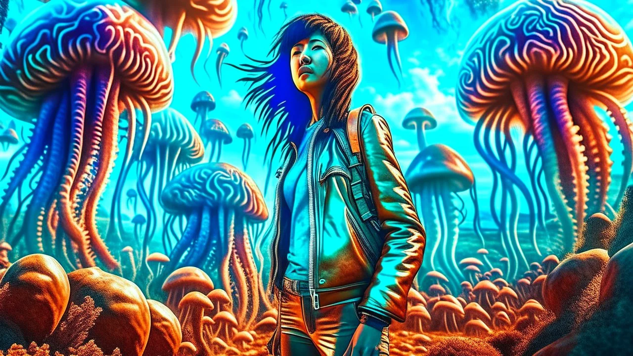 woman with black hair, in brown leather trousers and jacket, walking through Alien mushrooms with jellyfish tentacles in an alien forest, photorealistic, Deep Colour, Intricate Detail, sunshine, blue sky