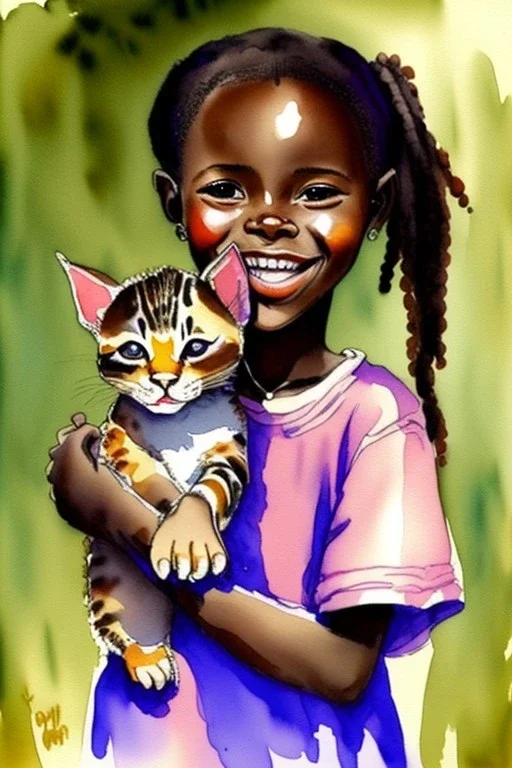 A cute smiling african girl is holding a kitten. Watercolour