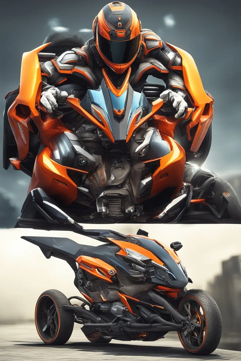 A combination of ultra-advanced car and crazy Max fighter, super sporty, with color and nano technology An advanced motorcycle with four wheels and a turbo jet in the back with rockets and machine guns