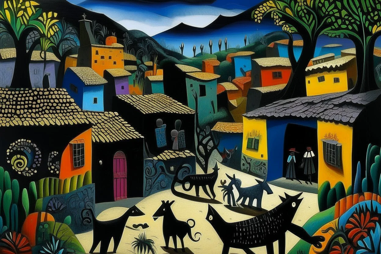A black village in a shadow realm designed in Oaxacan Alebrijes painted by Frank Wilson