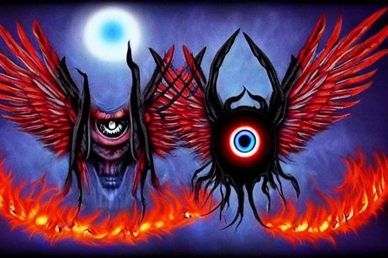 wings, freaky crazy evil eye with wings, laughing, flying, satan wings, dark, terror, horror