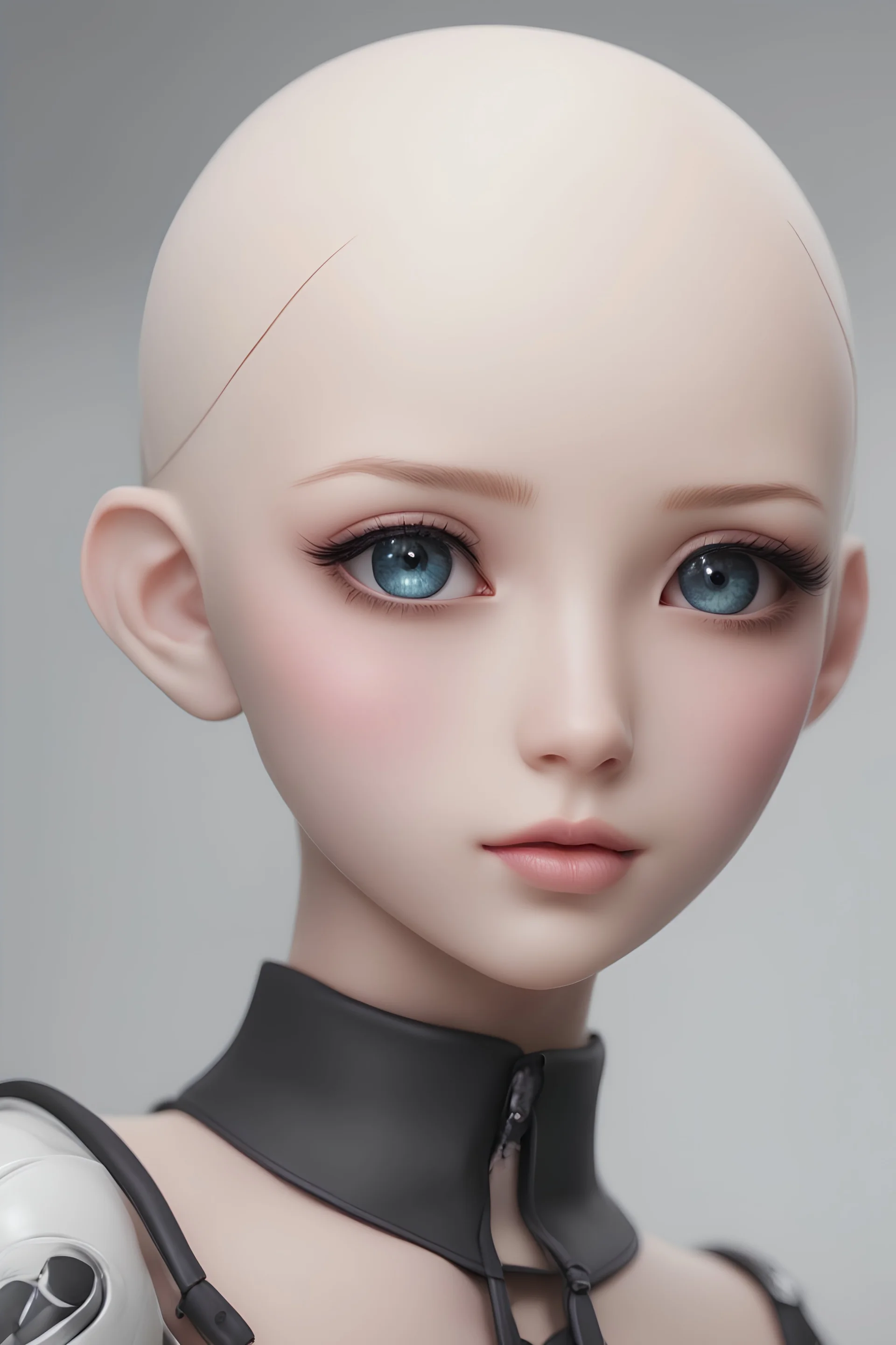 realistic portrait of an anime waifu doll, no hair, light eye color, and youthful looking silicone skin, small cranium
