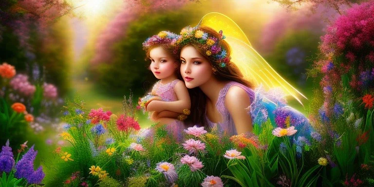 bright fairy, beautiful portrait, flowery landscape