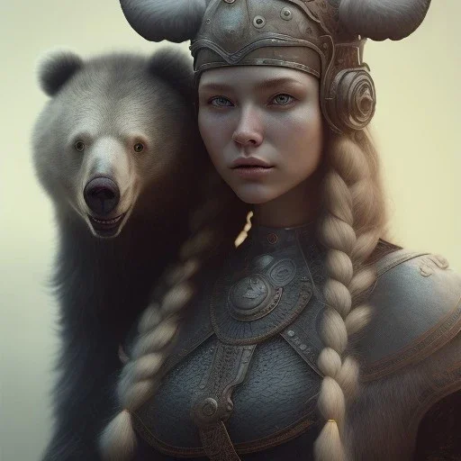 A viking girl and her bear, hr giger, scary, steam punk, realistic, made in octane, cinematic, ultra-realistic, extremely detailed octane rendering, 8K, VRAY Super Real ar 2:3, dof photorealistic futuristic 50mm lens hard lighting dark gray tintype photograph, realistic lighting, sepia color