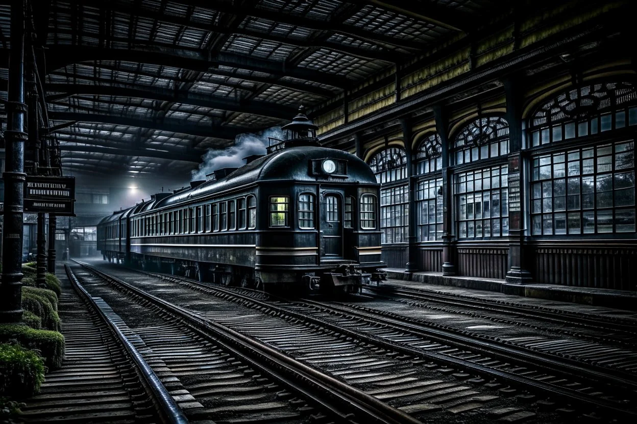 An old vintage train station on a foggy day, add deep dark color and reflections in and around the old stempunk train