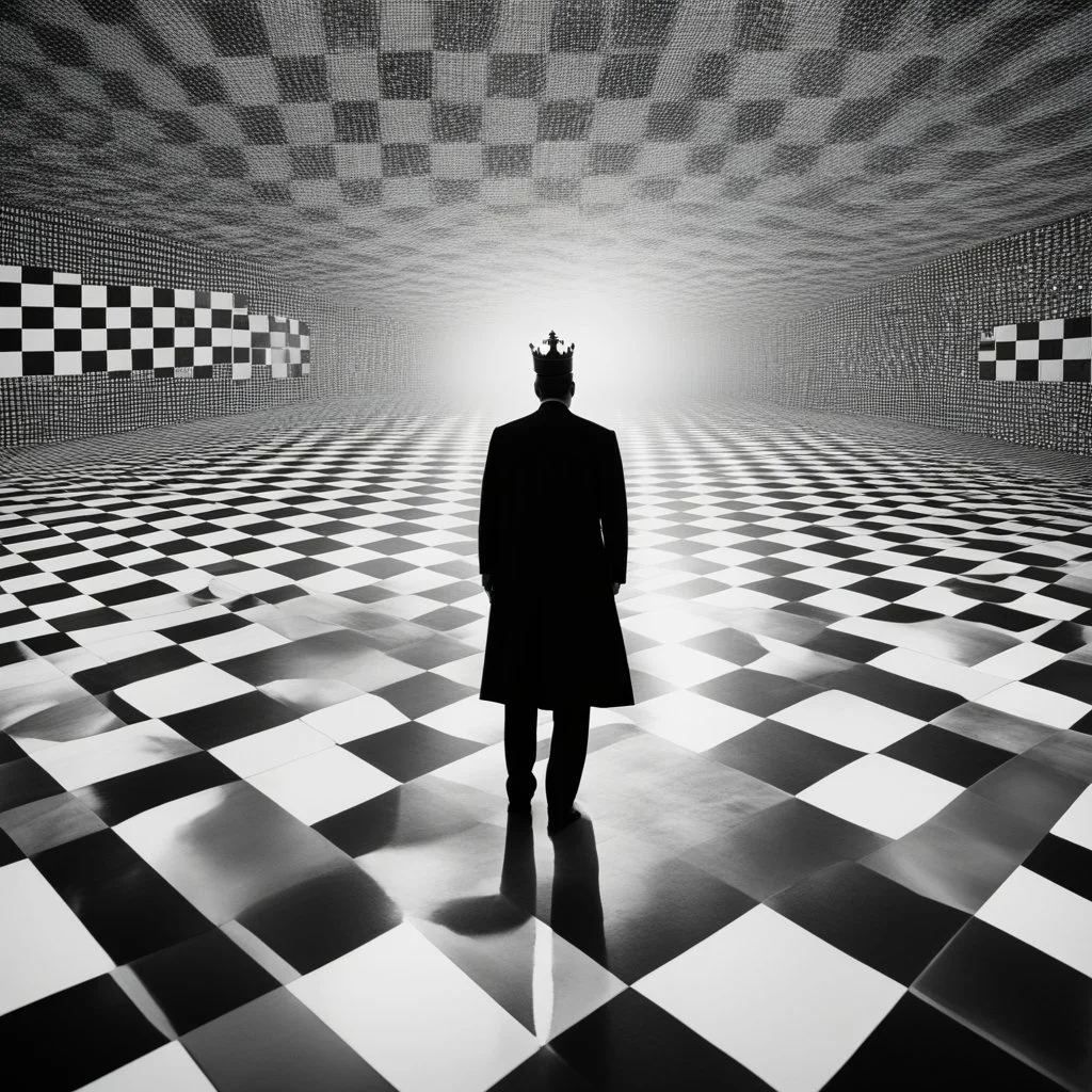 In the realm of the surreal and the ethereal, a peculiar scene unfolds before my mind's eye: a man, dressed regally as a king, stands upon a giant chessboard. The checkered squares stretch endlessly in all directions, each one a mirror of its neighbor, creating a mesmerizing pattern that seems to ripple and shift with unseen energy. The man, his royal attire resplendent and intricate, exudes an air of authority and wisdom, yet there is a hint of confusion in his expression. For he stands in the