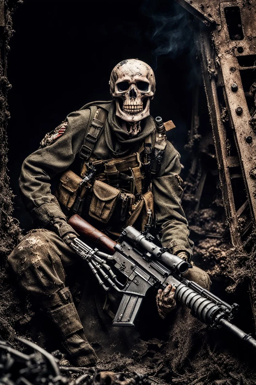 a scary looking skeleton, rising from the ashes, he was a war veteran, partially humanlike characteristics, army beret and ripped ammo wear, chaotic background, dramatic close-up action shot of him on a burned out war tanker a torpedo on shoulder -ready to fire ,gothic and chaotic background, 12k