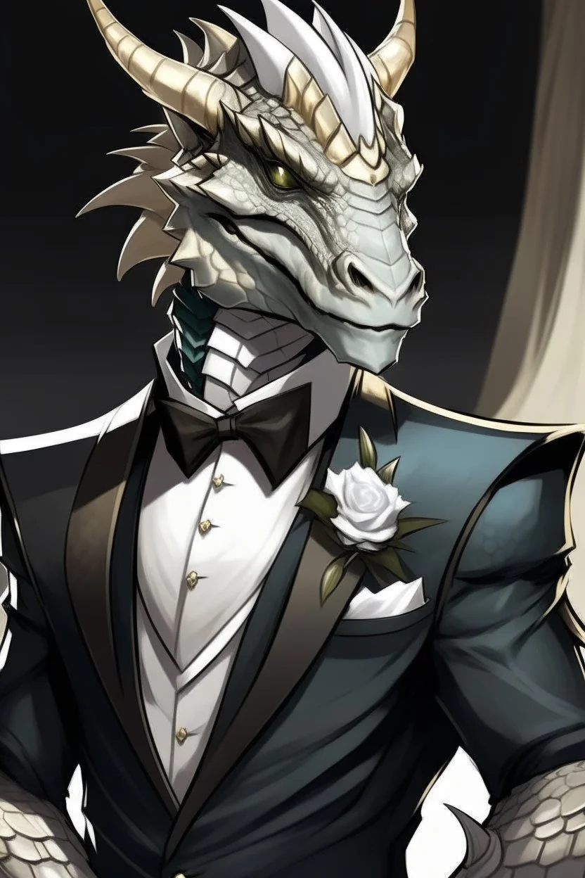 A silver Dragonborn from dnd wearing a tuxedo