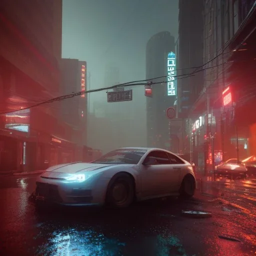 Cyberpunk, Car in night city on the rain unreal engine 5, octane render,cinema4d, dynamic lighting, 8k, redshift render, highly, hyperrealism ultra realistic, hyper realistic.