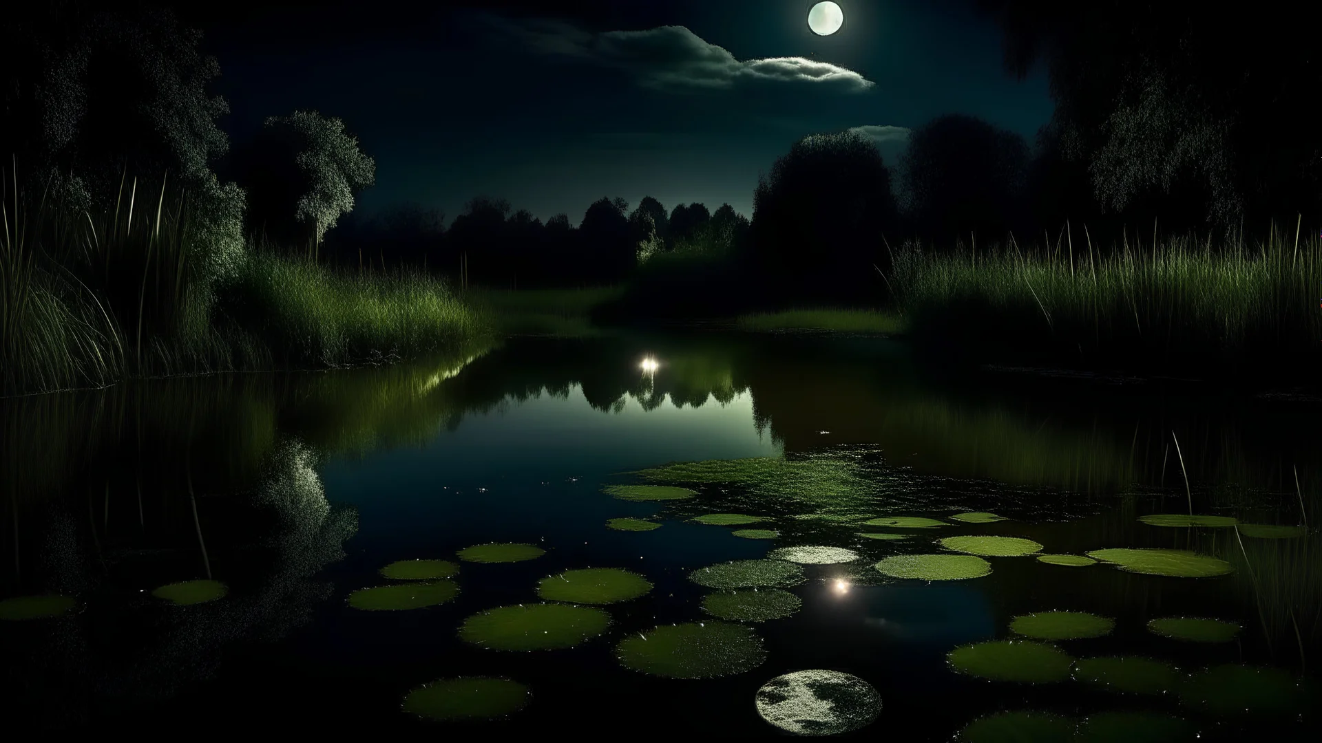 a moonlit pond at night, photo quality