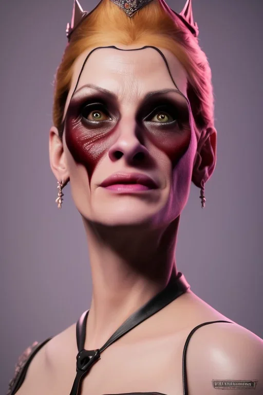 Julia Roberts as evil queen in black leather gown, evil, busty, cleavage, curvy, angry, stern look. character design by cory loftis, fenghua zhong, ryohei hase, ismail inceoglu and ruan jia. unreal engine 5, artistic lighting, highly detailed, photorealistic, fantasy