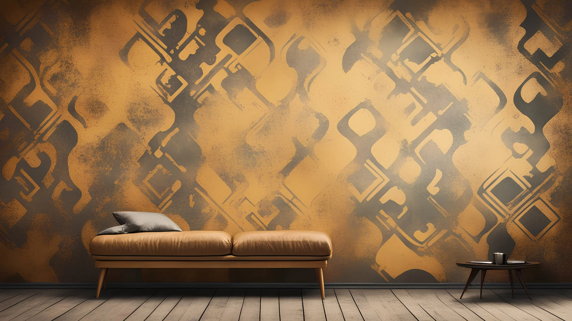 Hyper Realistic Grungy-Groovy-Retro-Shapes-&-Patterns with Golden-Grungy-Background on vintage-wall with dramatic-&-cinematic-ambiance