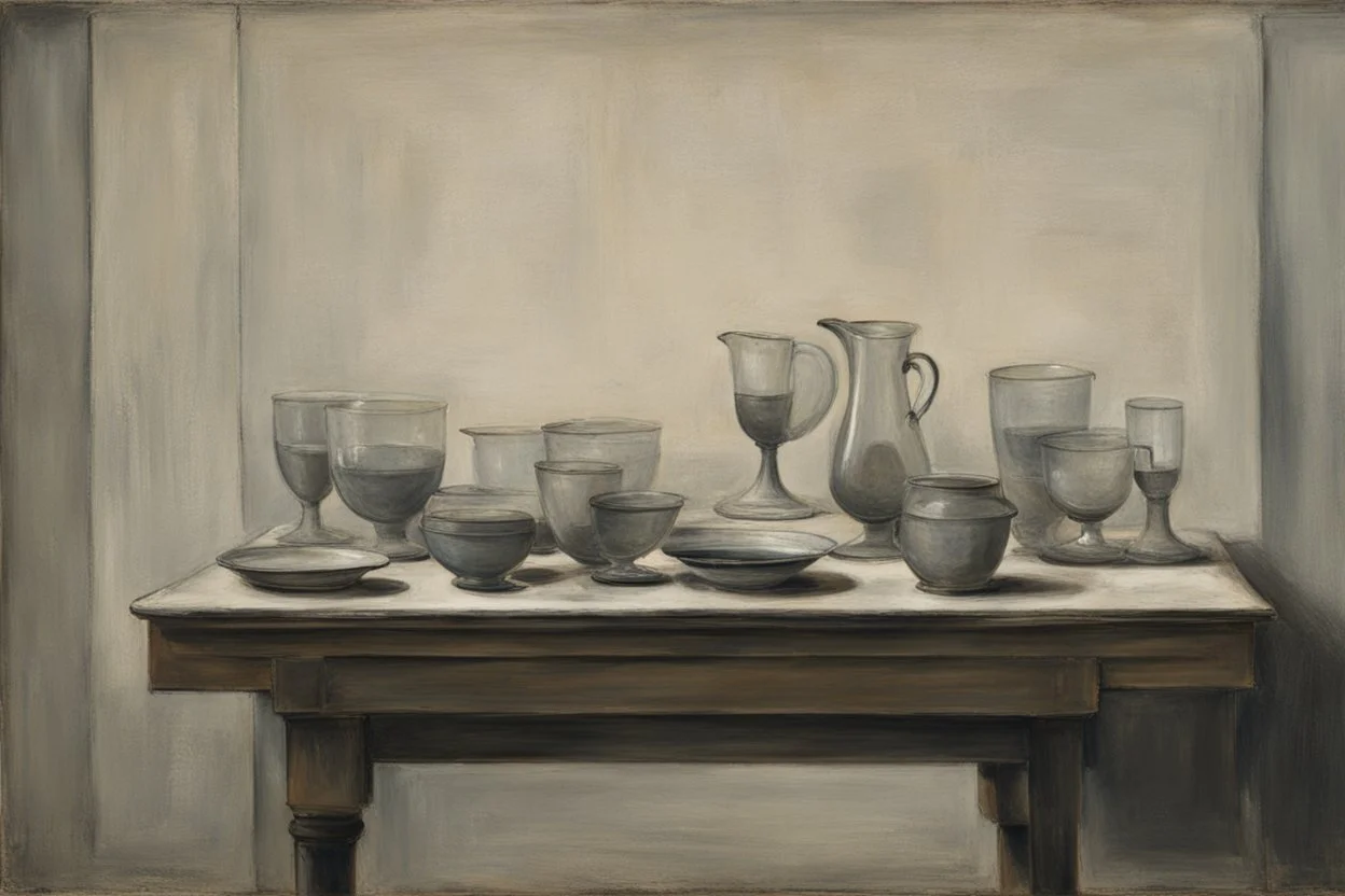 Dishes and glasses on a table in the style of Vilhelm hammerschoi