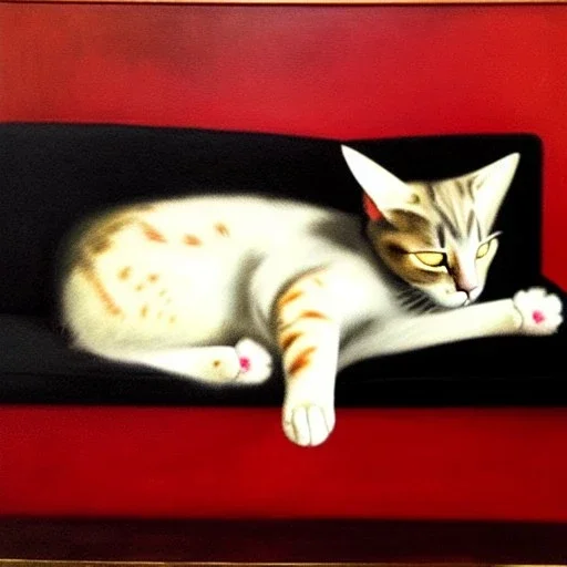 oil portrait of a Cat Sleeping in a Black sofa by Ignacio Zuloaga 8k