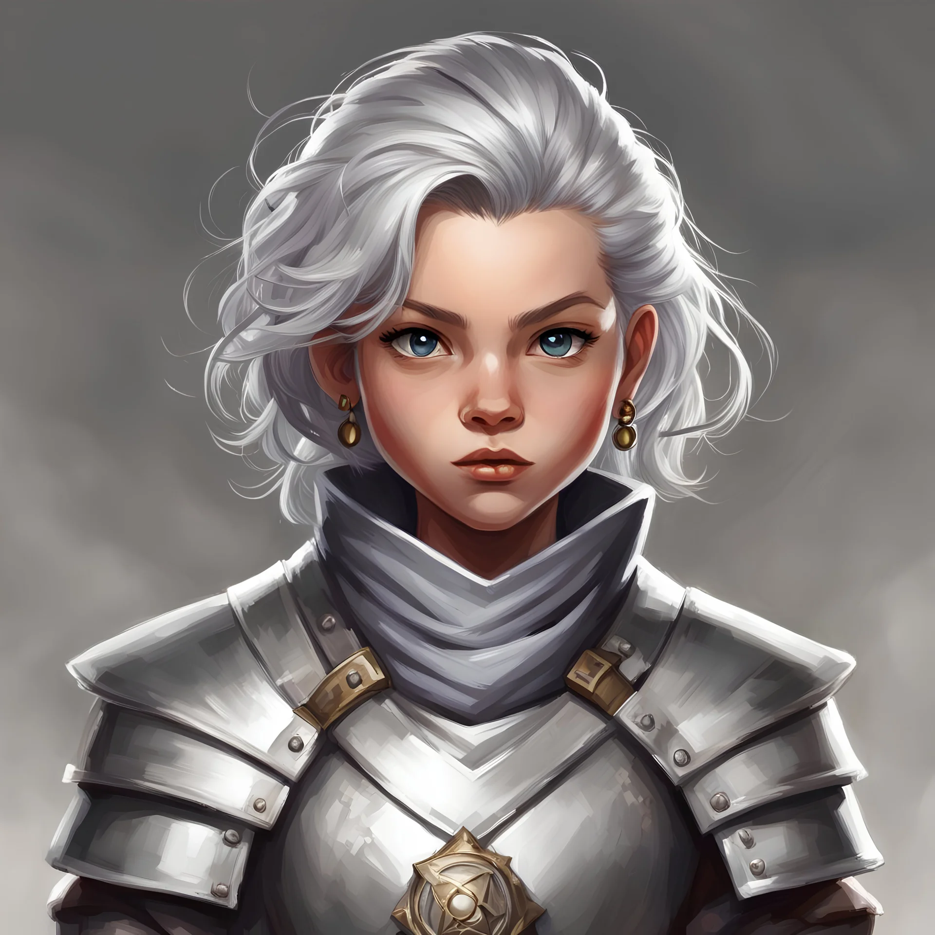 dnd, portrait of female halfling cleric, silver hair.