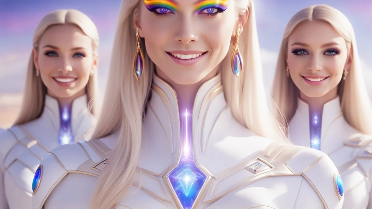 cosmic woman ,beautiful ufos rainbow, admiral from the future, galactic confédération, fine whole face, crystalline skin, expressive purple eyes,rainbow, smiling lips, very nice smile, costume pleiadian, Beautiful tall woman pleiadian Galactic commander, ship, perfect datailed golden galactic suit, high rank, long blond hair, hand whit five perfect detailed finger, amazing big puple eyes, mouth, high définition lips, cosmic happiness, bright colors