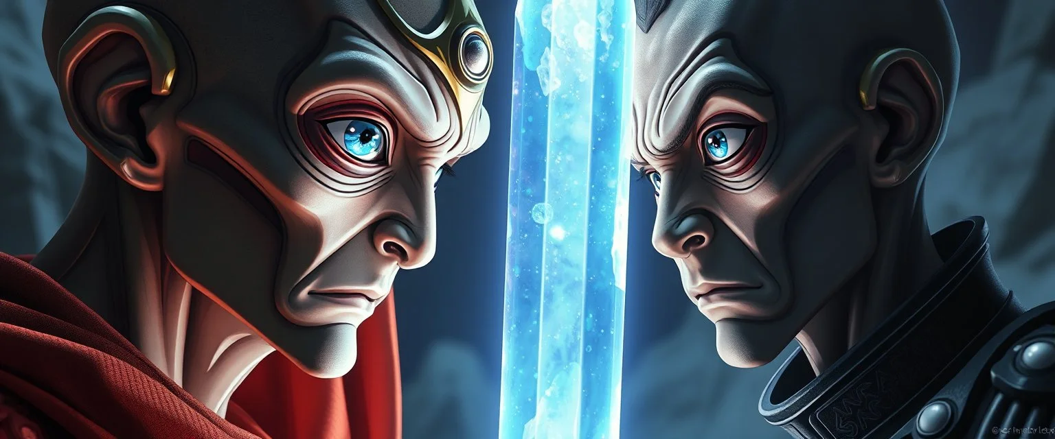 Close-up confrontation between an ancient alien outcast leader and a space broker, standing only a meter apart, clear big real eyes, huge glowing crystalline rod between them, anger mixed with sadness, dramatic facial expressions, shallow depth of field, cinematic lighting, stylized 3D anime, airbrush painting, crisp outlines