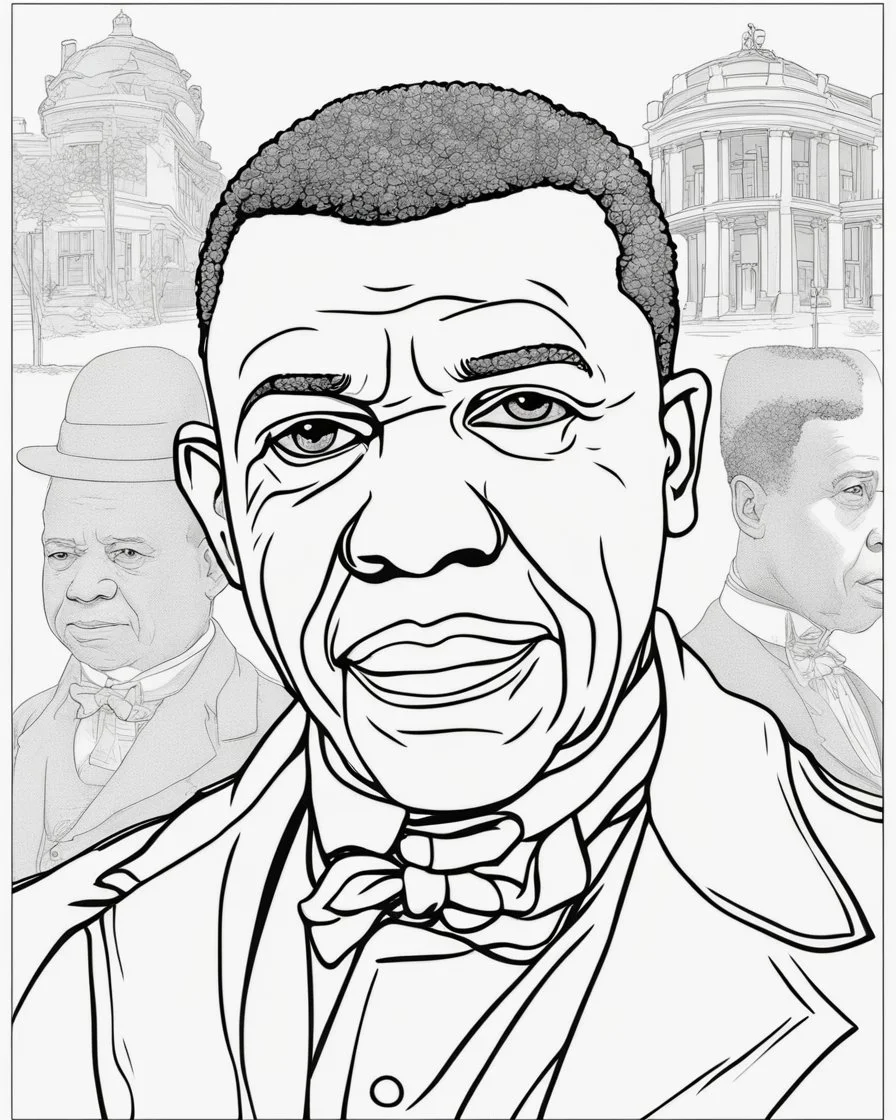 Outline art for coloring pages with Booker T. Washington, white background, sketch style, only use black outline, white background, no shadows and well and clear outline