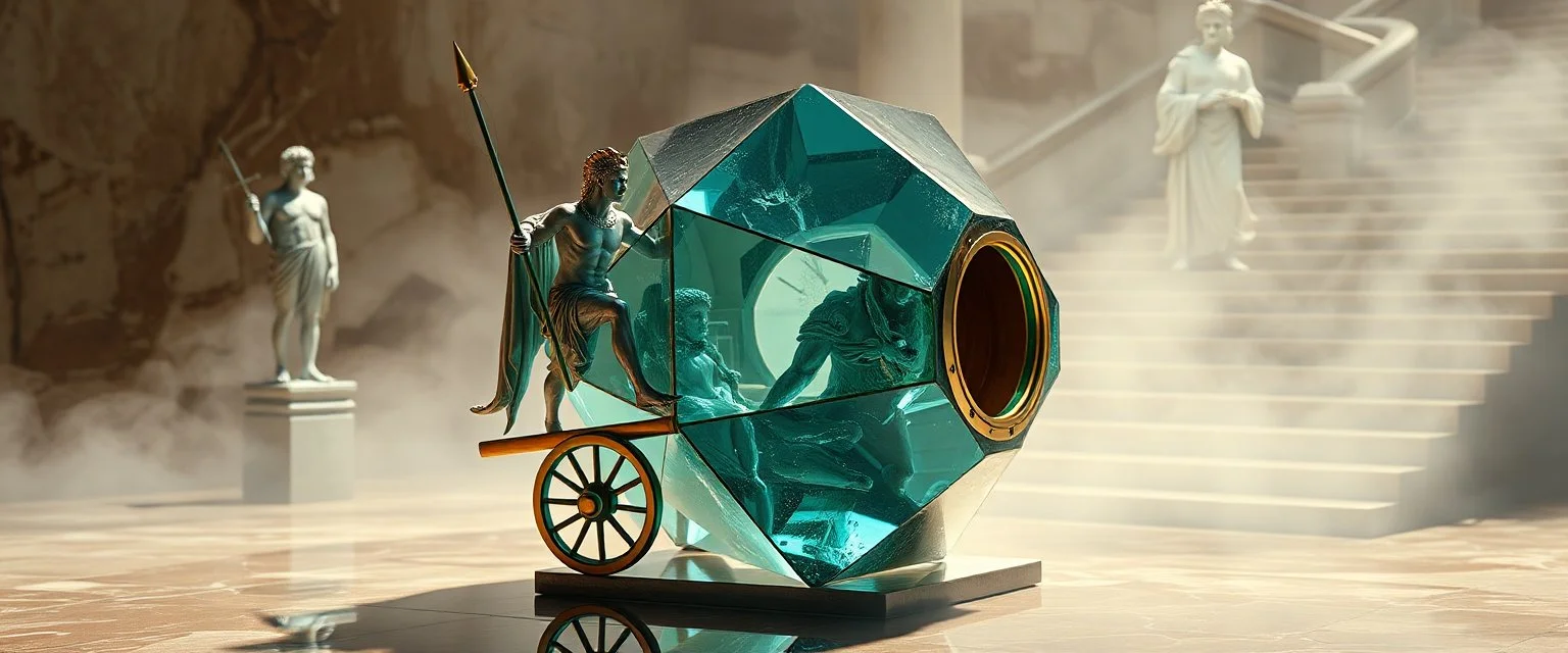 FOLLY, roman athlete guardian of xtal artifact, oracle smoke, perfect geometry, niad, greek gods and heroes, the chariot, the fool and the tower tarot card disaster rendered in magnificient 4d glossy marble stones reflective and wet, like mirrors, winding stairs, watchers, statues of perfect transparent dented glass octahedron dice spaceship with oval interference door, wheeled vessel