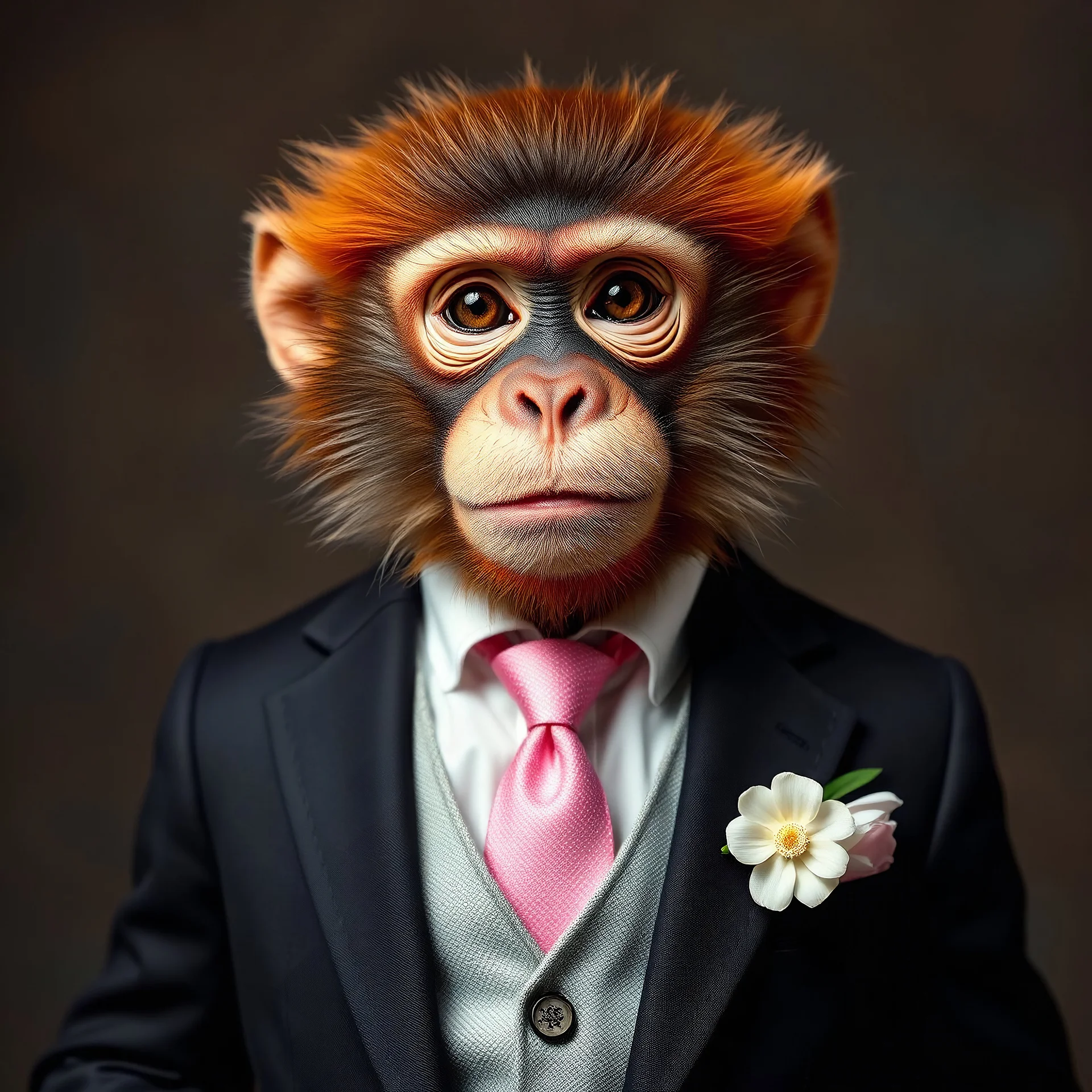 Front view monkey posing in studio,Cool monkey posing in studio,,Monkey wearing suit in studio,A dressed-up monkey with a distinctively human-like expression, featuring a Deep suit, white dress shirt, and a pink patterned tie. The monkey has fluffy orange and brown fur, and a white flower pinned to the lapel. The background is softly blurred, focusing attention on the monkey's formal attire and expressive face.a realistic image