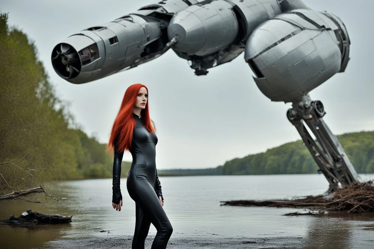 Wide-angle, full body and headshot of a skinny young woman, with long straight red hair, dressed in a robotic-looking catsuit, standing next to a lake with a crashed spaceship.