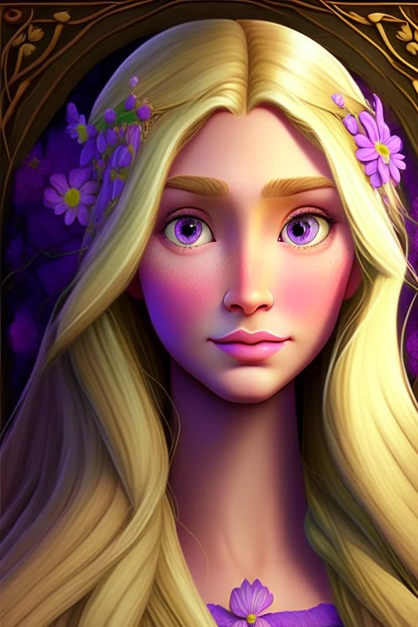 Princess Rapunzel with a very beautiful and symmetrical face, with flowering hair and a luminous face hd