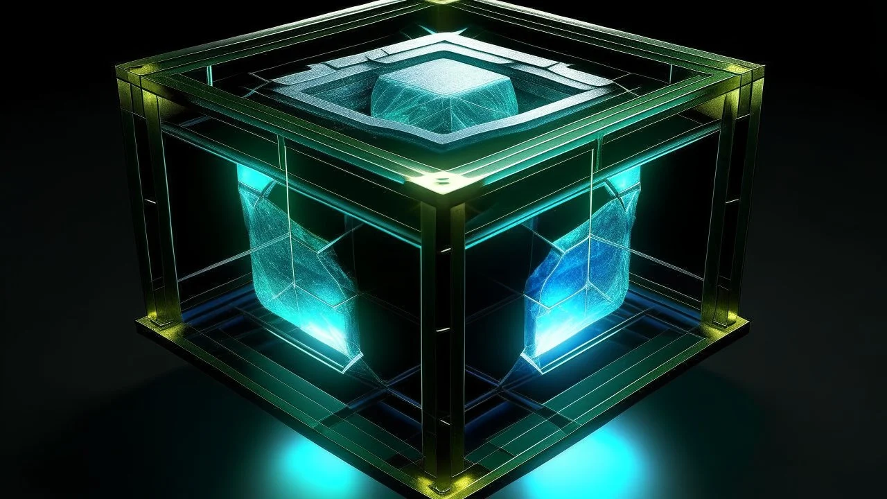 Square tesseract from movie Loki, in the middle and with glow in tesseract, but without glow below it, without background or table. Below and above tesseract add extra space.