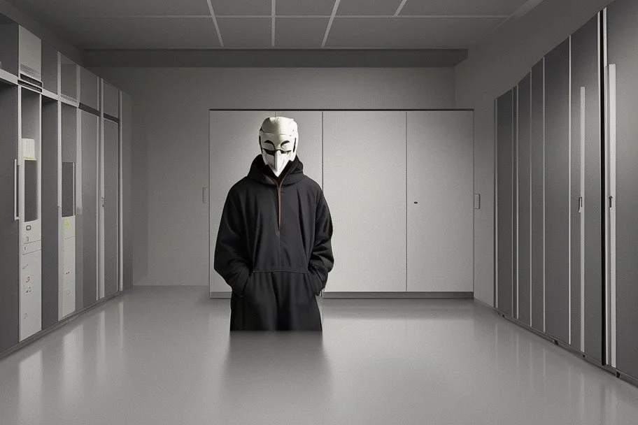 man wearing anonymous mask stands in server room by andrea del sarto