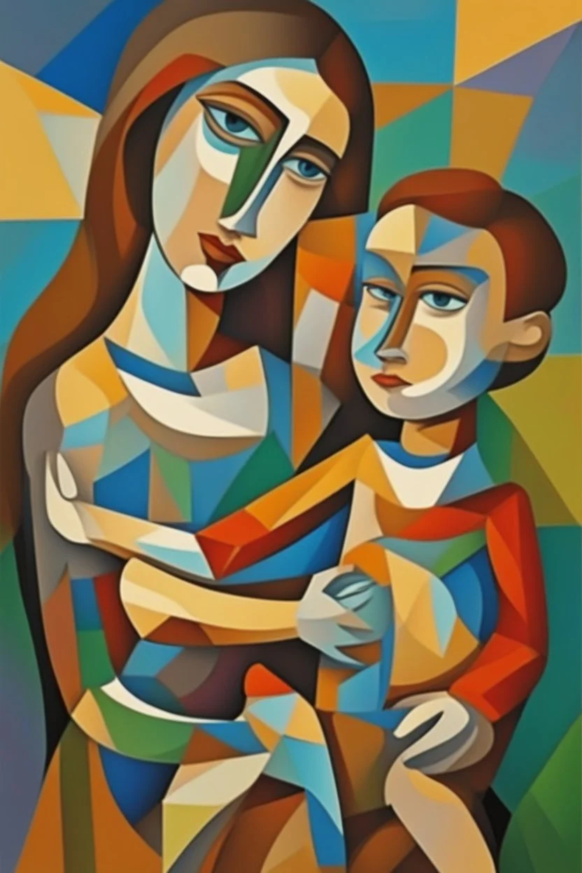 Mother holds her son , cubism style