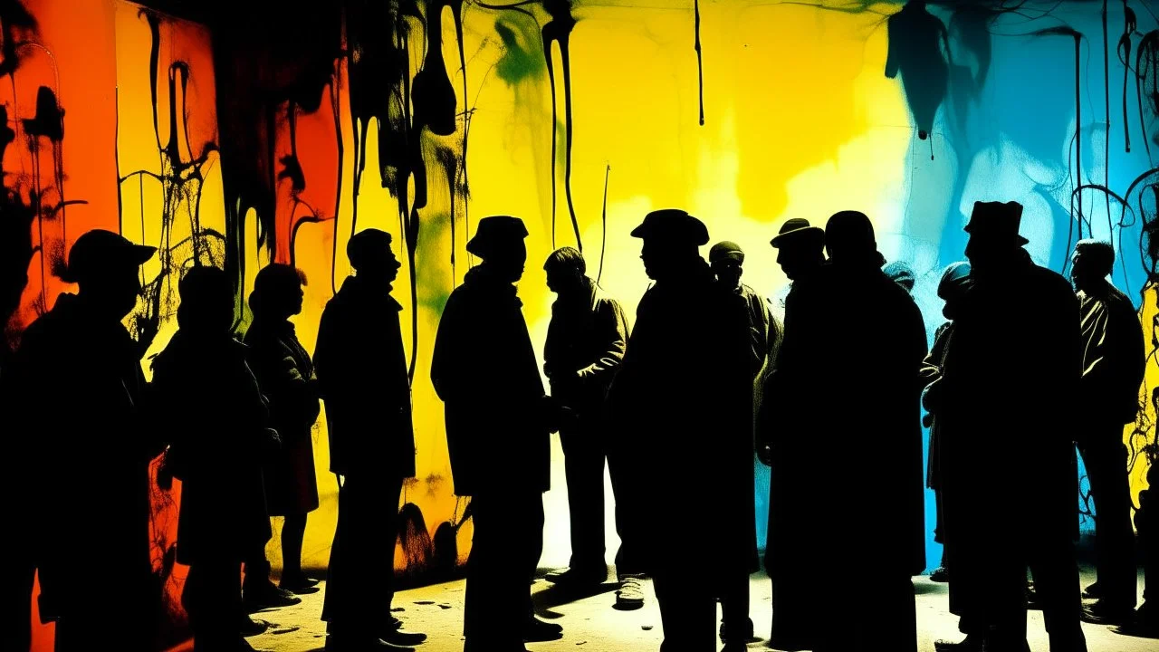 silhouettes in chaos is the new regime, abstract painting, use flat bright colors displayed art, Charcoal, Metallic Ink: merging into walls of shadow., refugees, conformity, Analogue film photo, , 1950s, candid, retro analog, 35mm film, film grain,