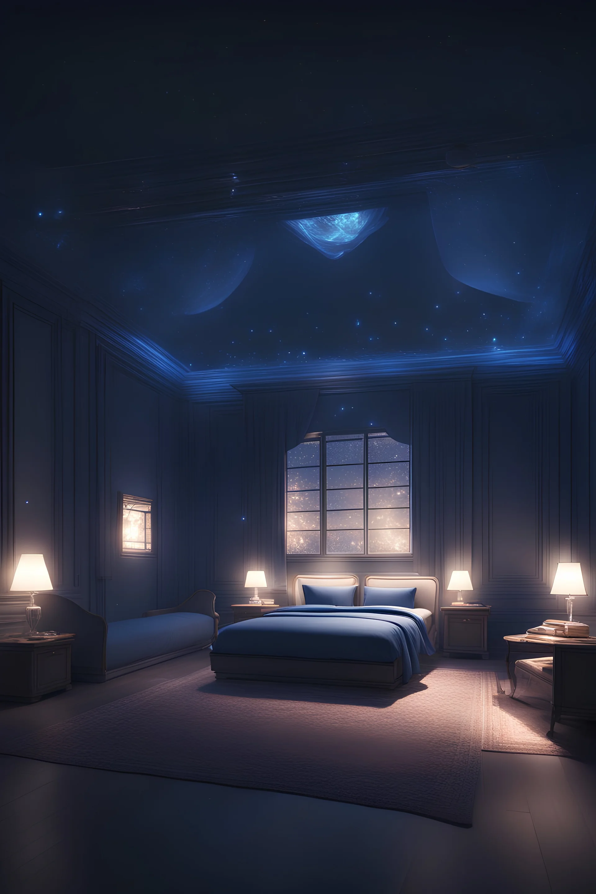 Stanza grande con letto singolo di notte con luci blu e diamanti, trending on artstation