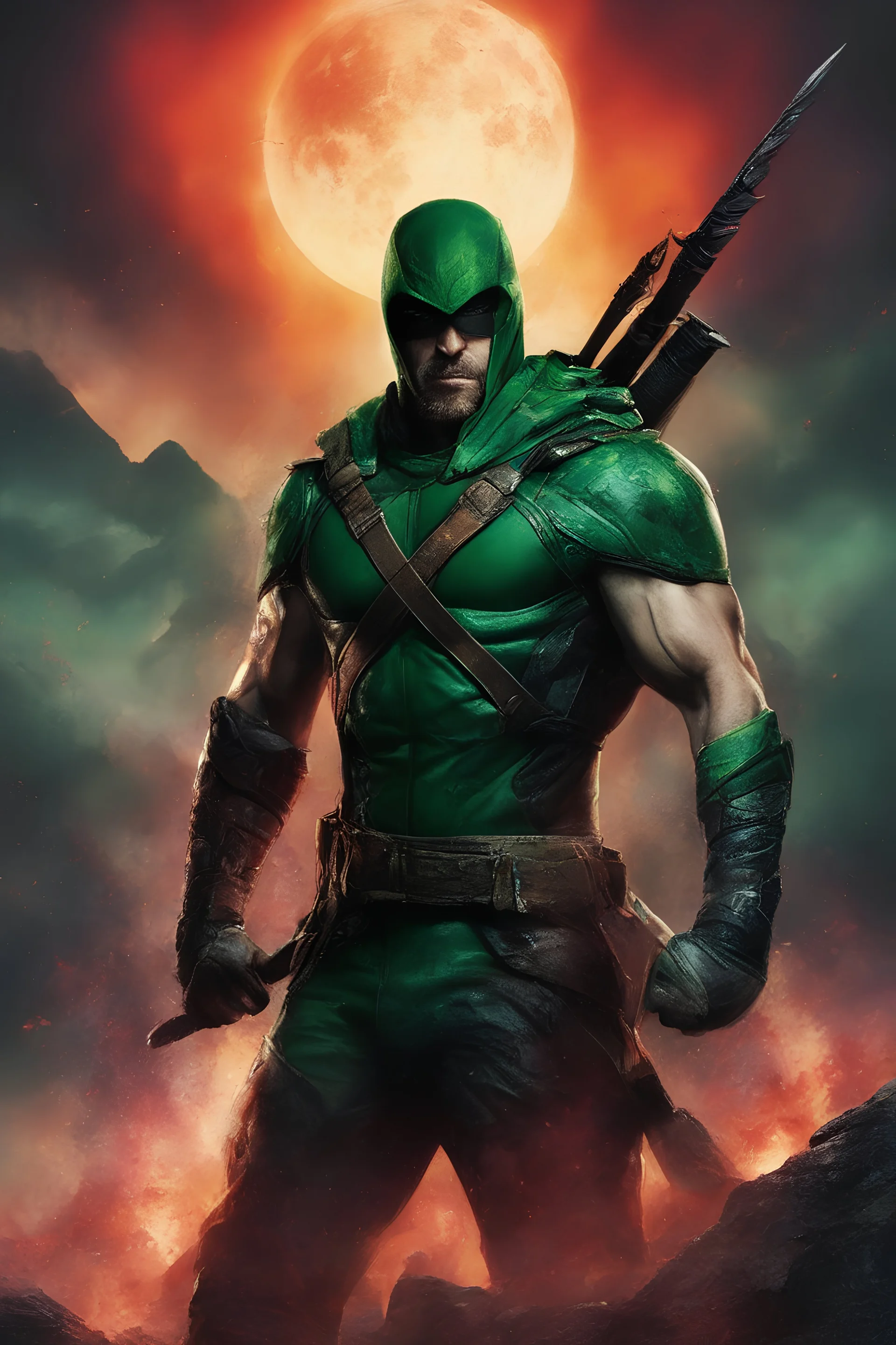 Green Arrow, Strong, athletic physique, action poses, battle scars, blood, foggy, cloudy background, multicolored lightning, flowing lava, Full Eclipse, aliens, explosions, bright, vibrant, extremely colorful, detailed, blood red skies