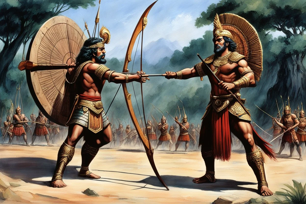 [art by Ray Harryhausen] As Arjuna and Duryodhana stand shoulder to shoulder, facing the same wooden target in the archery contest, their skills as archers are undeniable. Both warriors possess remarkable talent and prowess with the bow, each capable of hitting their mark with precision and power. Arjuna's form is impeccable, his arrows flying true and striking the target with effortless grace. His mastery of archery shines brightly, captivating the spectators and earning him admiration and acc