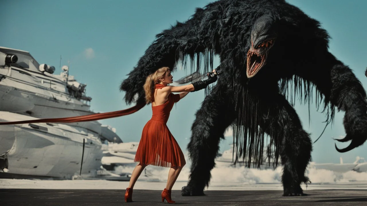 Full-body retro photo of a woman with straight hair and a Fringe, in a fight with a monster, wrapped in tenacles, in an action pose, sci-fi Background