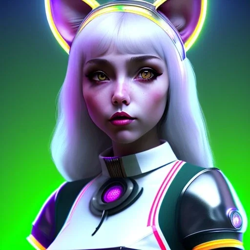 waitress teenager, latin, cat ears latex headband, rounded face, silver hair, short hair, light makeup, striped shirt, vibrant color, highly detailed, gradient background, concept art, smooth, 16 bit, unreal engine 5, god rays, ray tracing, RTX, lumen lighting, ultra detail, volumetric lighting, 3d, finely drawn, high definition, high resolution.