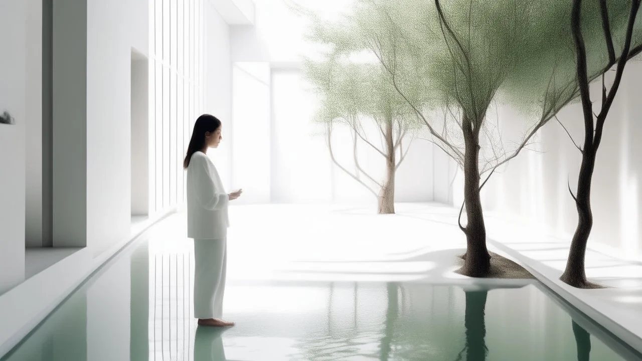 Woman in the foreground dressed in white in a bright white minimalist interior courtyard where the murmur of water whispers and the shadows of some leaves of nearby plants sway