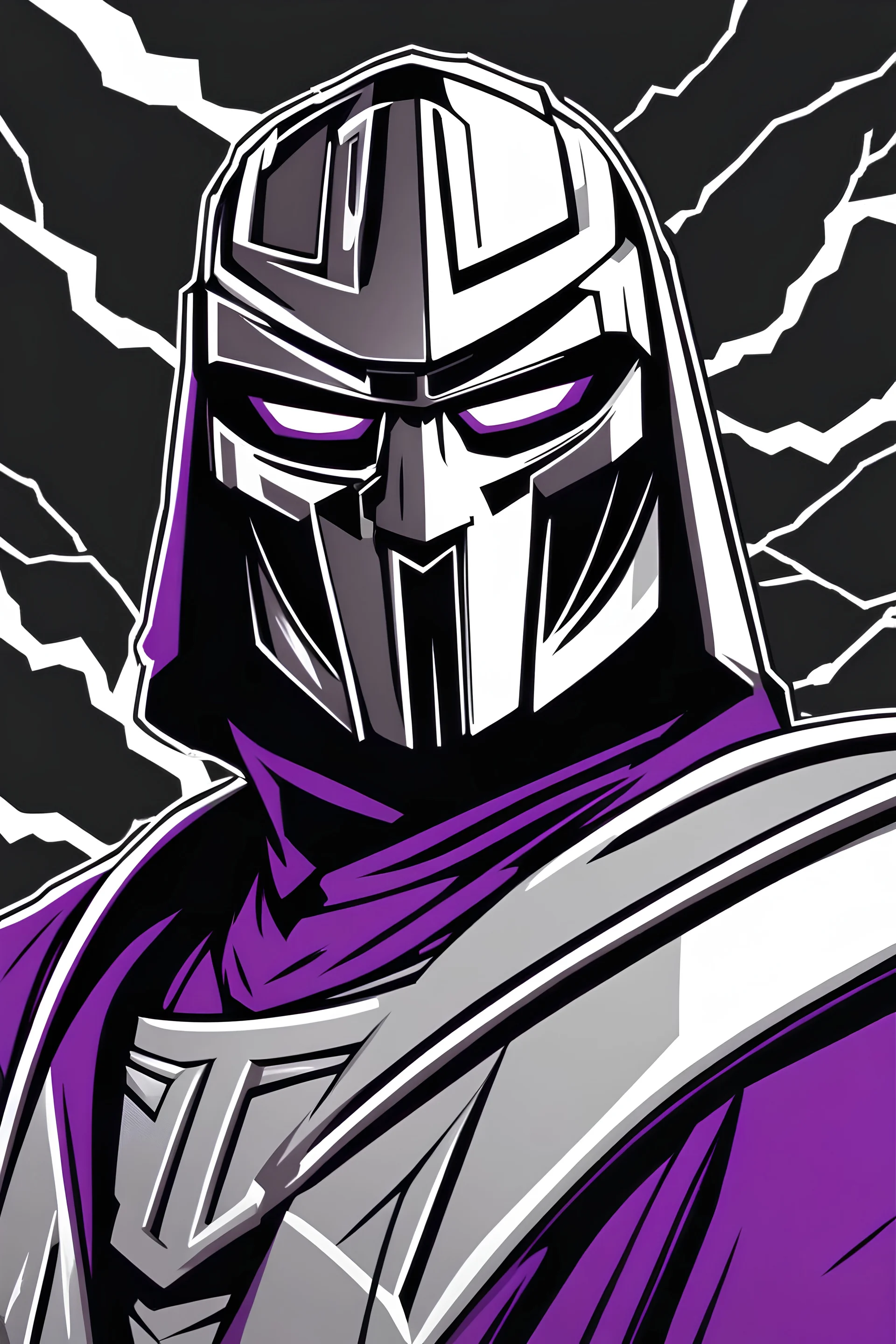 masterpiece, best quality, MF DOOM striking a pose, villain, simple logo background, in the style of japanese manga, duotone, professional quality drawing, ultra detailed, joyful lightning, only two colors purple and white with some shades, half body shot