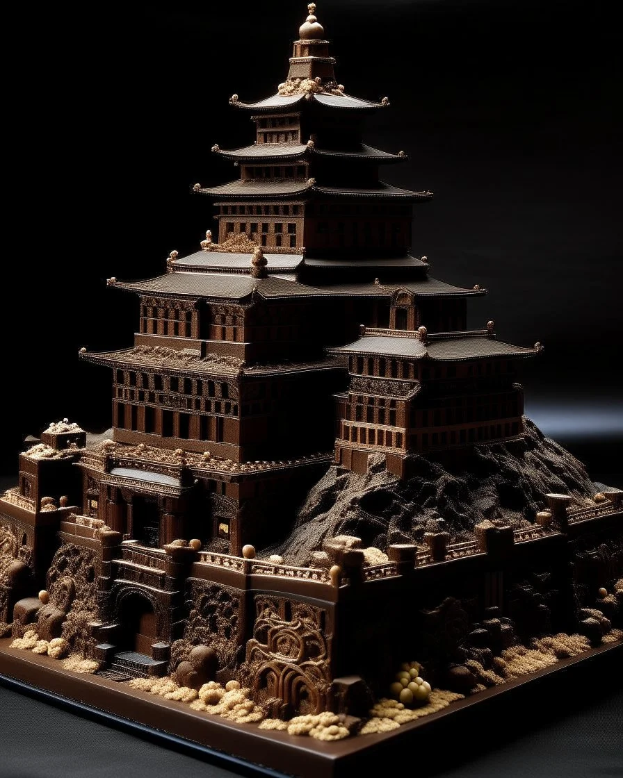A dark brown Japanese palace on a mountain made out of gingerbread painted by Pablo Picasso