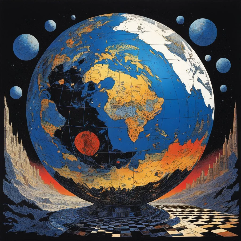 [art by Philippe Druillet] a large, shattered globe that also serves as a chessboard. Each fragment of the globe represents a different country, with chess pieces resembling world leaders placed on top of these fragments.