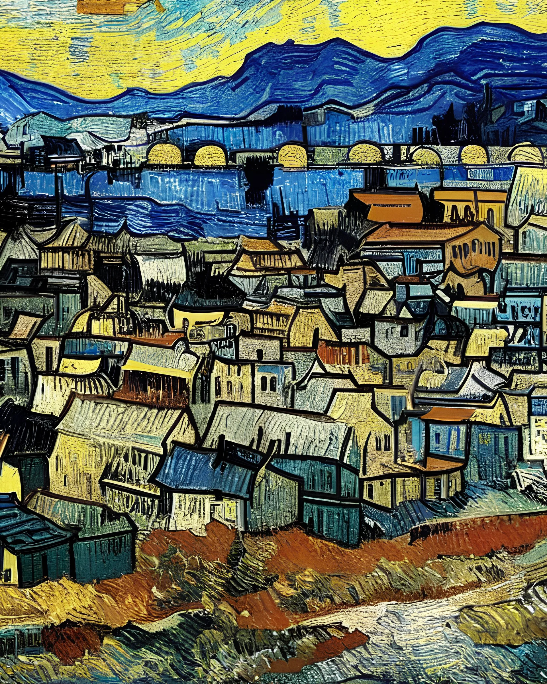 small old town dirty with ash in industrian era post war in van gogh style